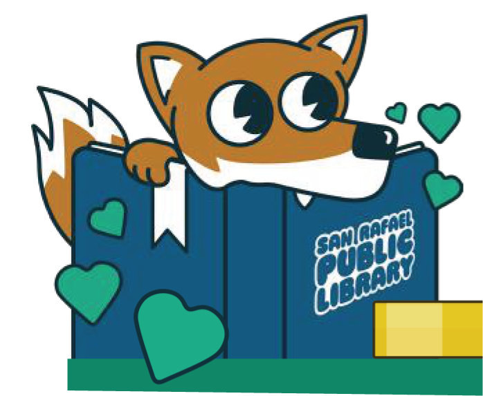 Cartoon fox reading a library book