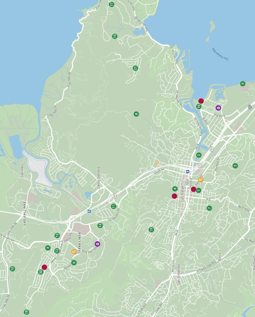 Citywide San Rafael parks map with numbered and lettered site markers.