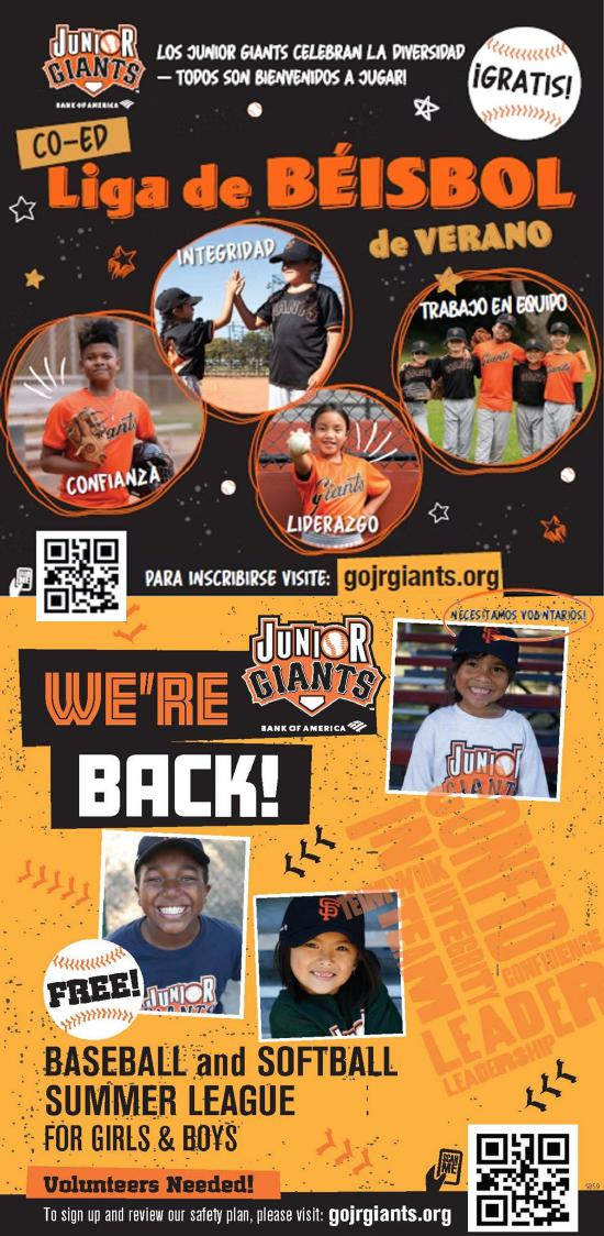 Flyer for Junior Giants summer baseball and softball league featuring photos of children playing and text in English and Spanish.