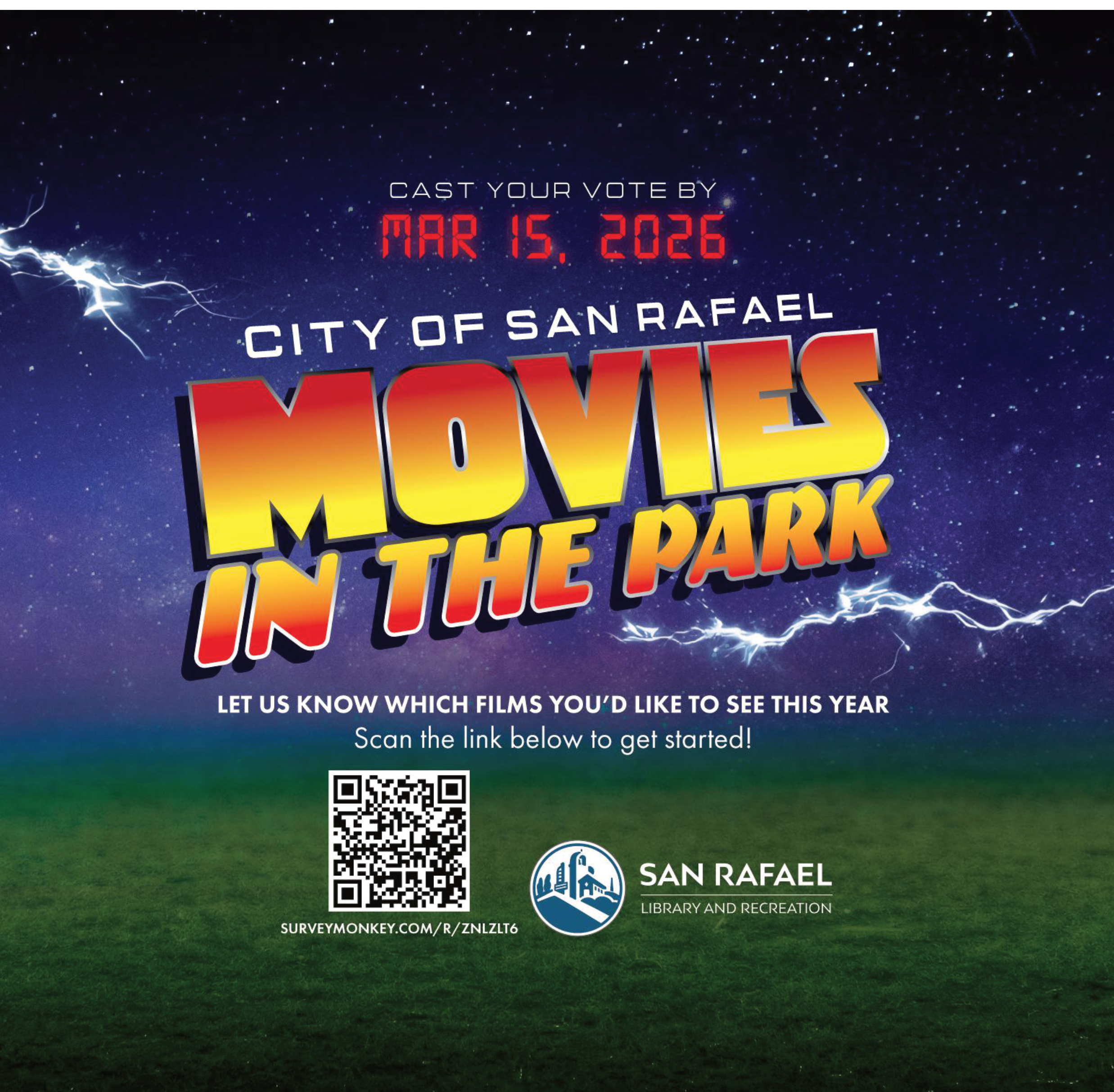 City of San Rafael Movies in the Park poster with voting deadline and QR code.