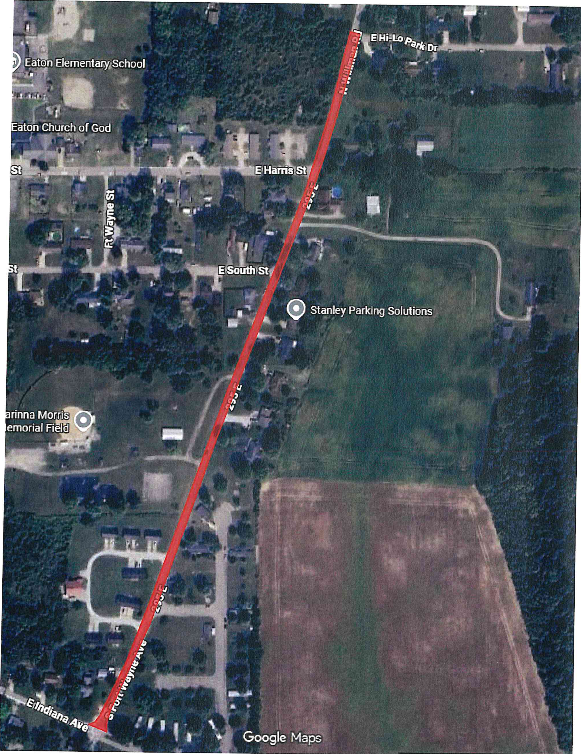 Google Maps satellite image of Eaton area highlighting locations including Eaton Elementary School, Eaton Church of God, E Harris St, E South St, Stanley Parking Solutions, E Hi-Lo Park Dr, Ft Wayne St, and E Indiana Ave.