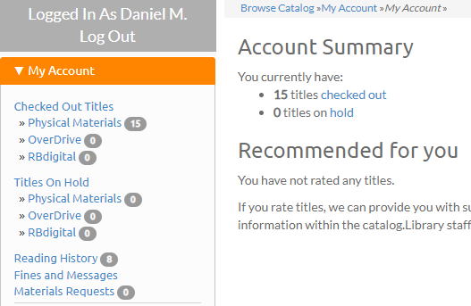 Account Summary panel showing Checked Out Titles, Titles On Hold, Reading History, and Fines