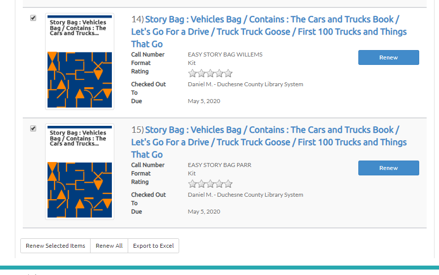 Checked Out Titles with checkboxes and bottom buttons for Renew Selected Items, Renew All, and Export to Excel