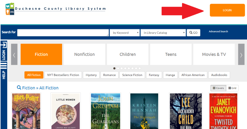 Duchesne County Library System catalog home page with Login button highlighted by a red arrow