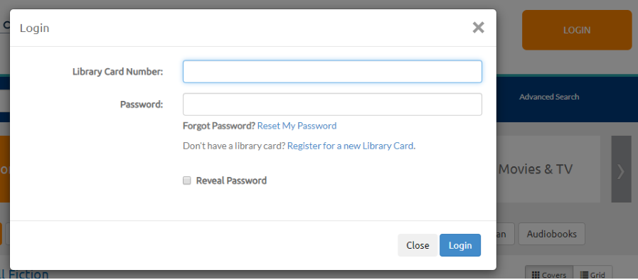 Library login popup window prompting for Library Card Number and Password