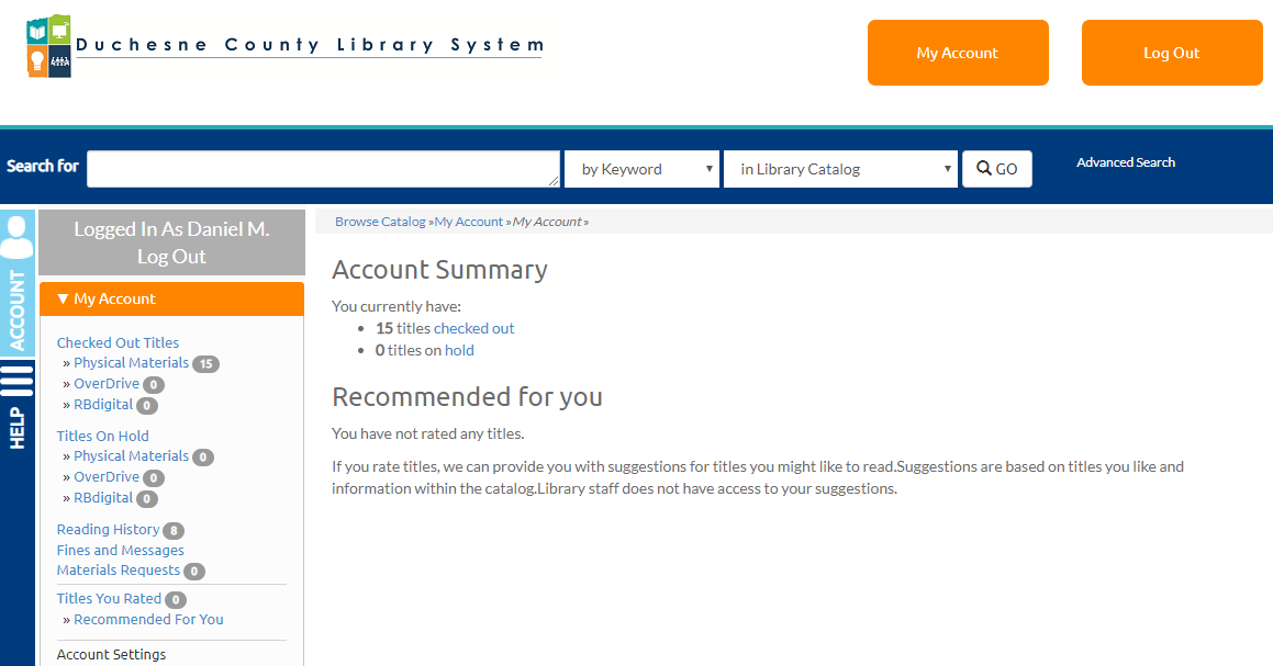 My Account page showing Account Summary and sidebar menu