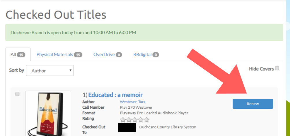 Checked out item list displaying a title with a red arrow pointing to the Renew button