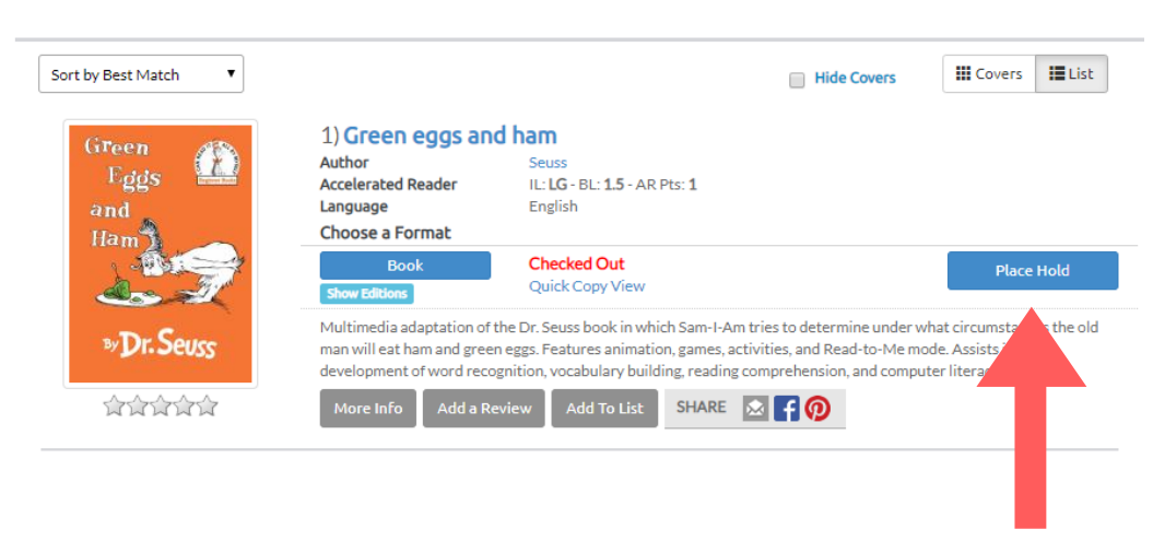 Catalog search results showing Green Eggs and Ham with an arrow pointing to the Place Hold button