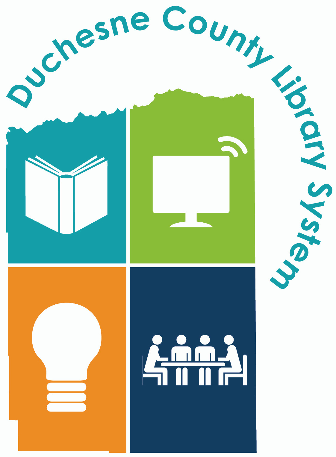 Duchesne County Library System logo featuring icons for books, computer, lightbulb, and community meeting