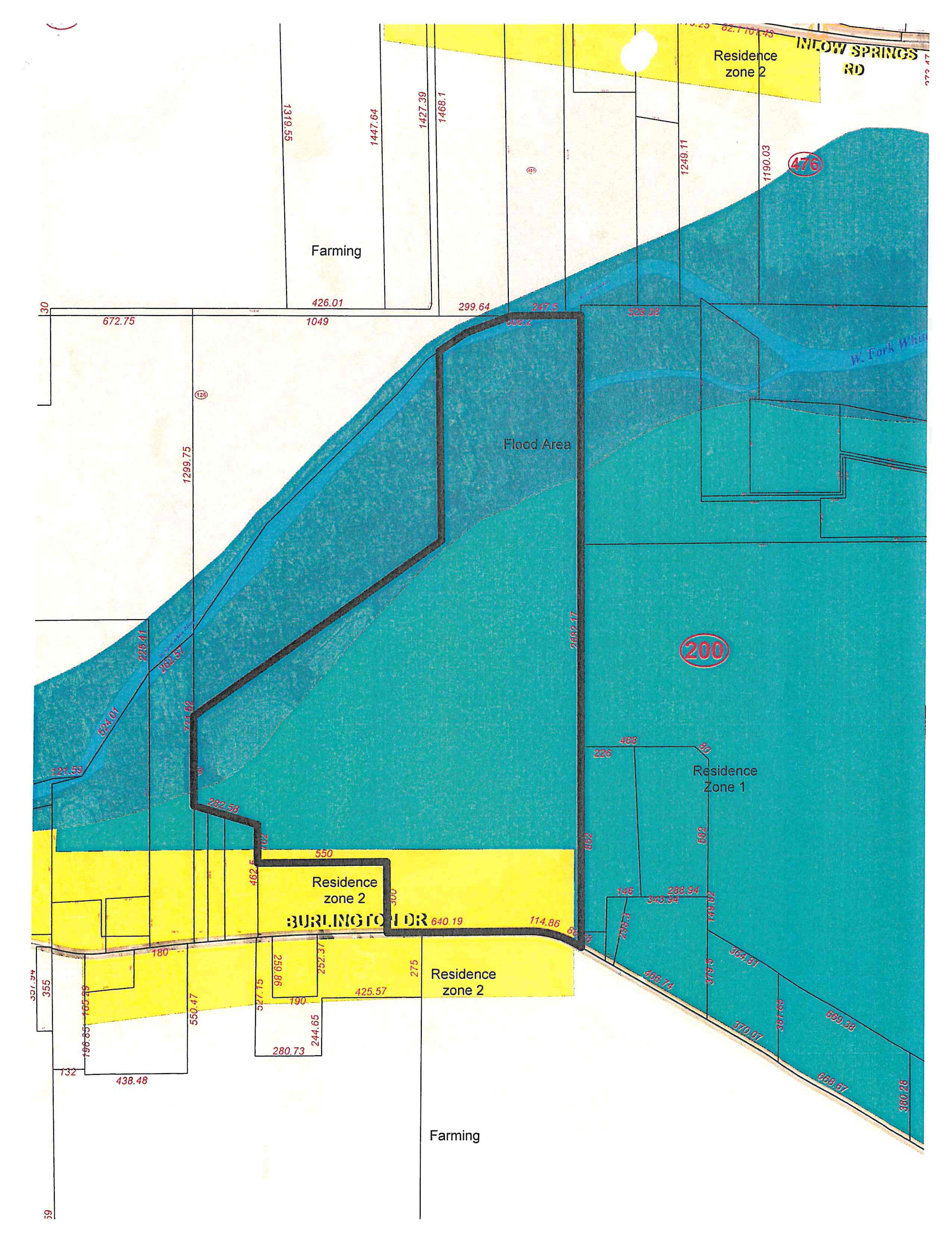 Cadastral and zoning map showing land parcels, flood area along W. Fork White River, Farming zones, Residence Zone 1, and Residence Zone 2 along Burlington Drive and Inlow Springs Road.