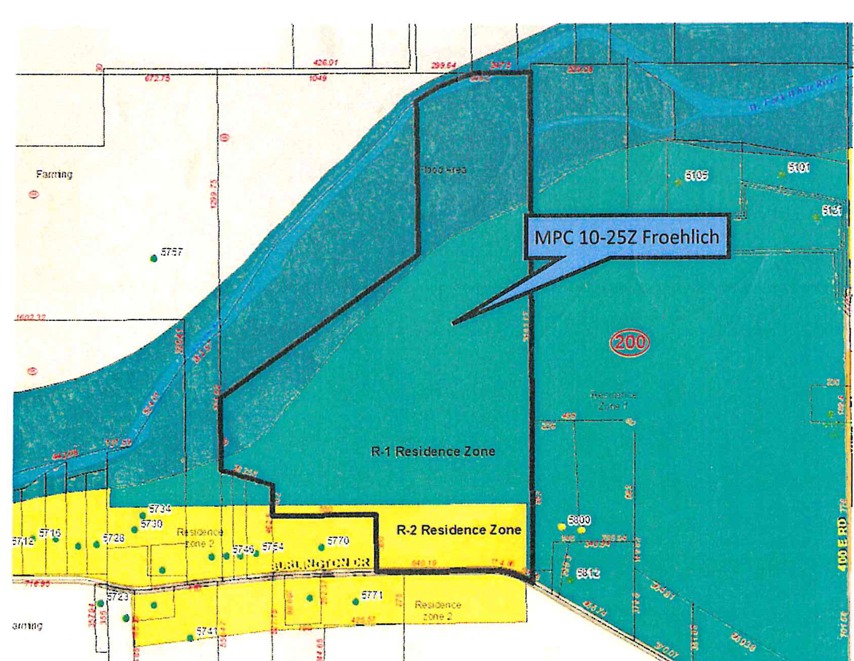 Zoning and parcel map for MPC 10-25Z Monte Froehlich on S Burlington Dr