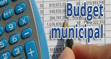Budget municipal calculator, financial ledger, and pen