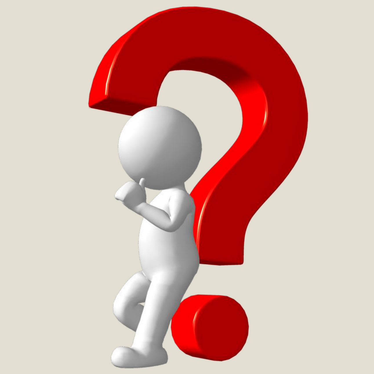 3D figure leaning thoughtfully against a large red question mark