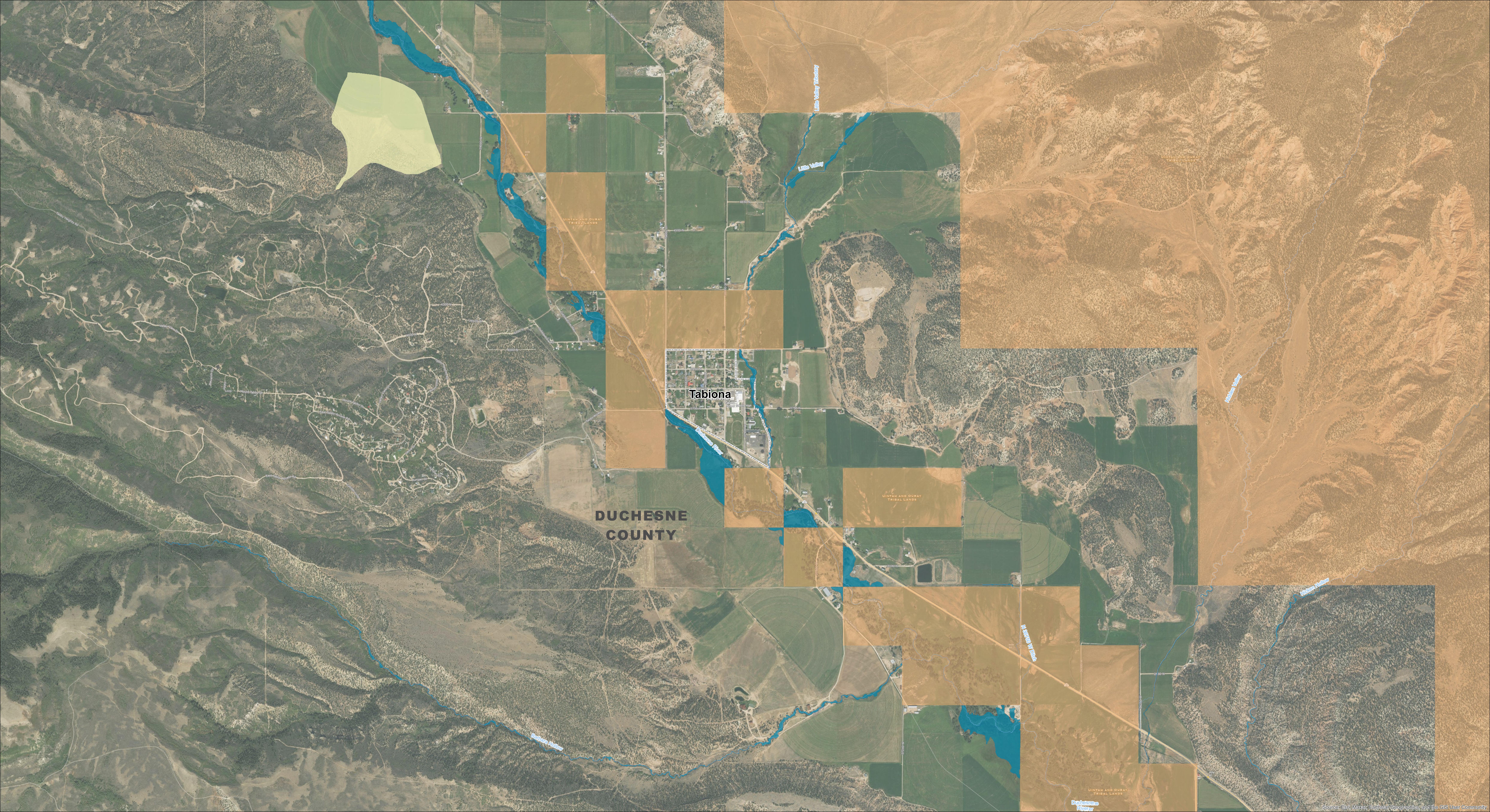 Discovery Work Map aerial imagery showing Draft Zone A Base Level Engineering Results for Map 47 - Town of Tabiona, Duchesne County, Utah