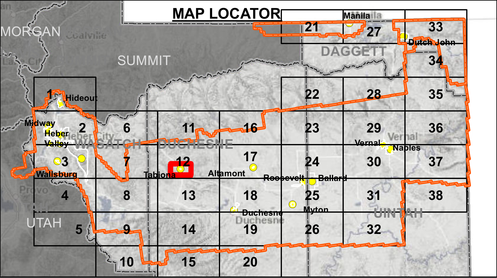 Map Locator grid index indicating Tile 12 - Tabiona