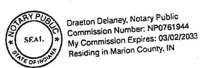 Notary Public Seal and Details for Draeton Delaney, Commission Number NP0761944, Expires 03/02/2033