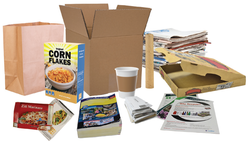 Paper recycling items including cereal box, cardboard boxes, paper bags, mail, and newspapers