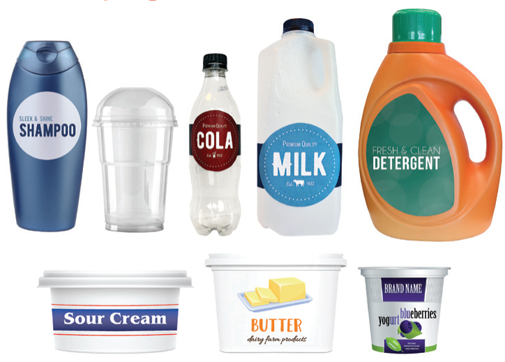 Plastic recycling items including shampoo bottle, clear plastic cup, cola bottle, milk jug, detergent jug, sour cream tub, butter tub, and yogurt cup