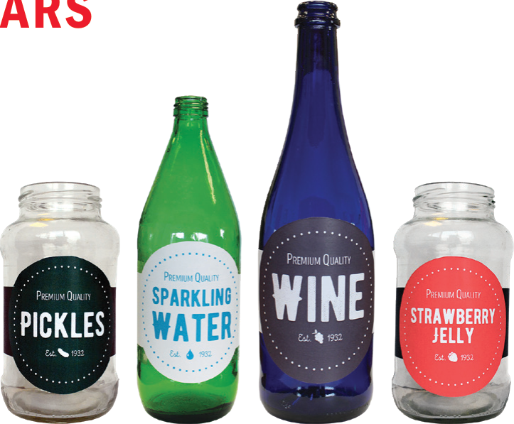 Glass items including pickle jar, green sparkling water bottle, blue wine bottle, and jelly jar