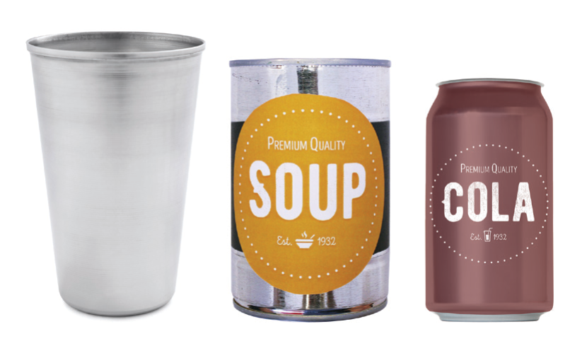 Metal items including aluminum tumbler cup, tin soup can, and aluminum cola can