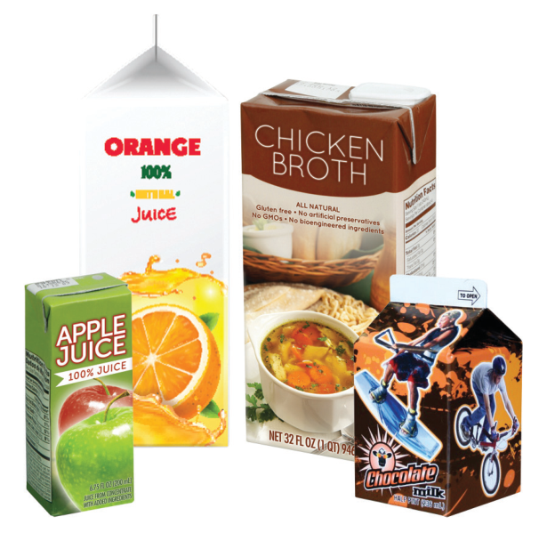 Cartons including apple juice box, orange juice carton, chicken broth carton, and chocolate milk carton
