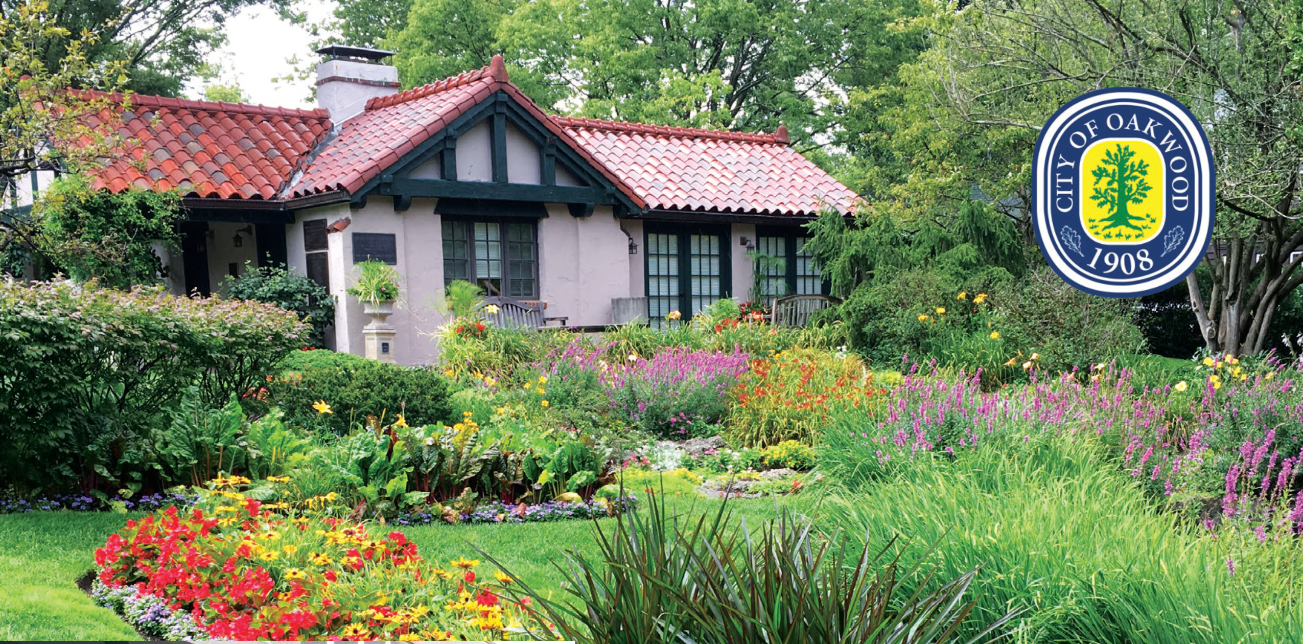 Oakwood historic home and flower garden view