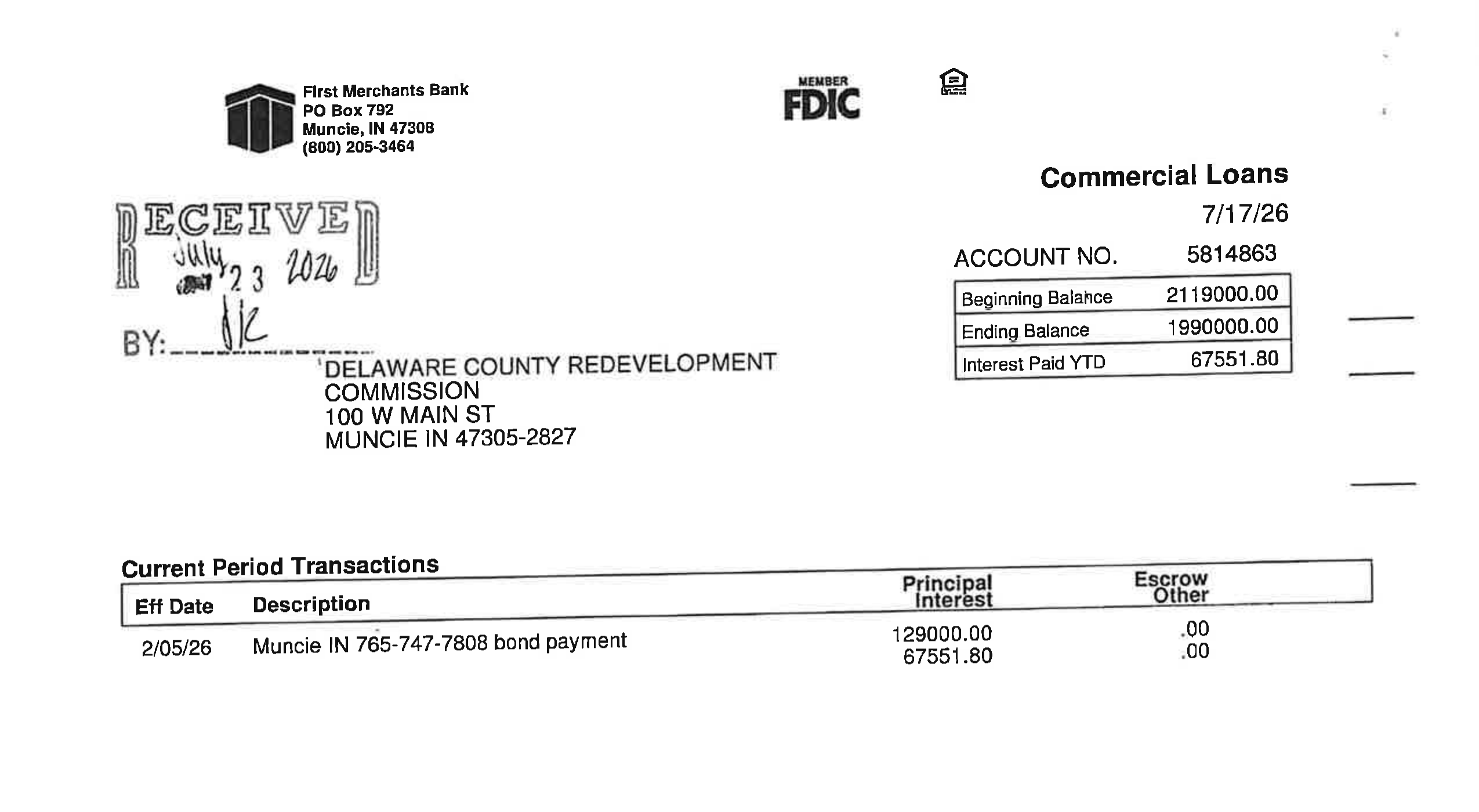 First Merchants Bank Commercial Loans Statement for Account 5814863. Includes account summary with ending balance of 1,990,000.00 and current period transactions showing a bond payment of 129,000.00.