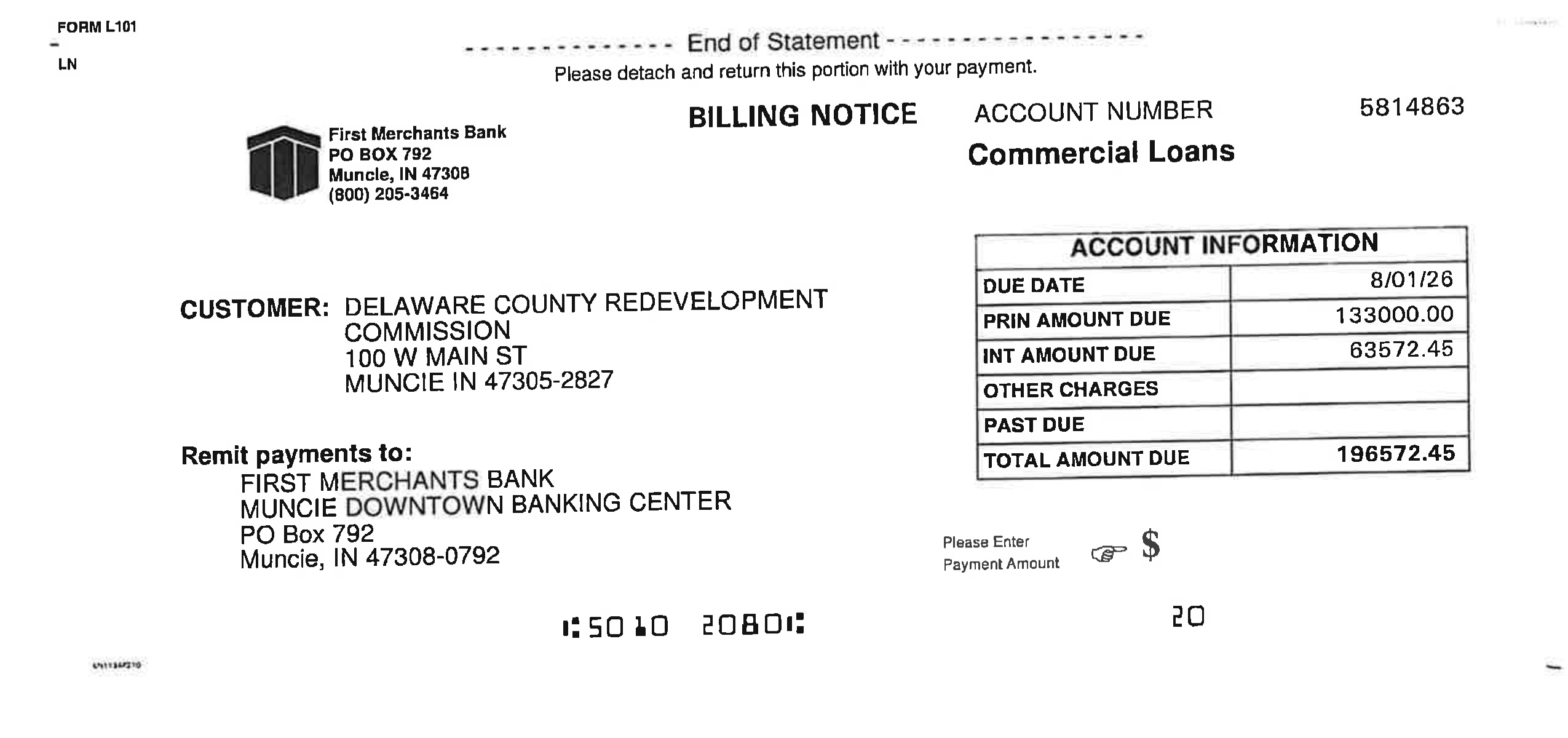 Billing Notice for Delaware County Redevelopment Commission. Account Information: Due Date 8/01/26, Total Amount Due 196,572.45. Remittance instructions included for First Merchants Bank.