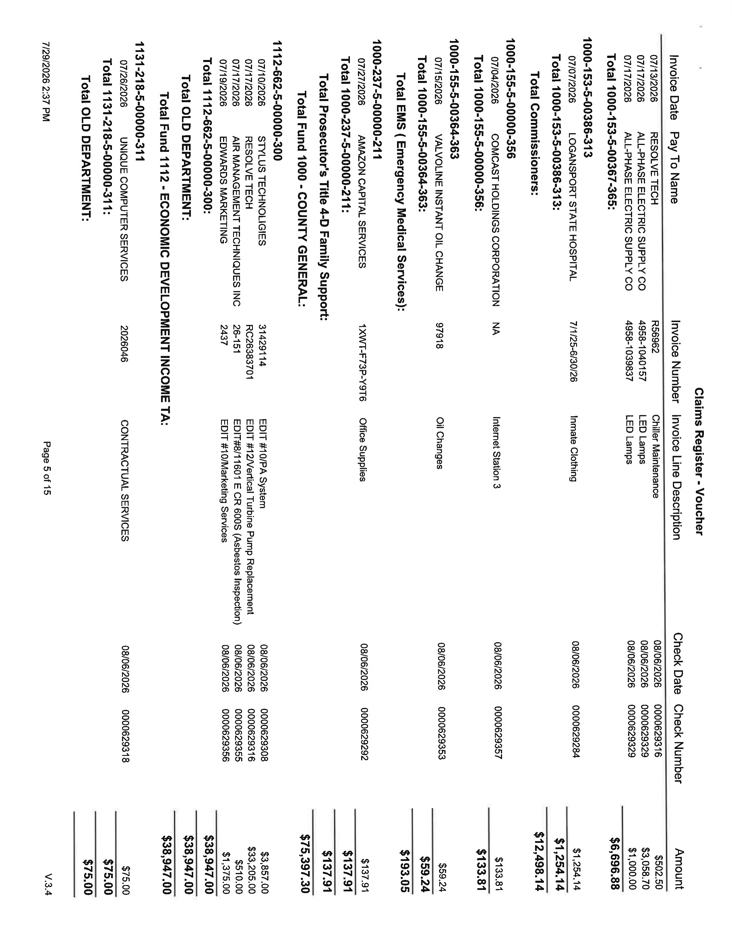 Detailed table of claims for page 5. Sections include Total Fund 1000 - COUNTY GENERAL ($75,397.30), Total Fund 1112 - ECONOMIC DEVELOPMENT INCOME TA ($38,947.00), and Total OLD DEPARTMENT ($75.00).