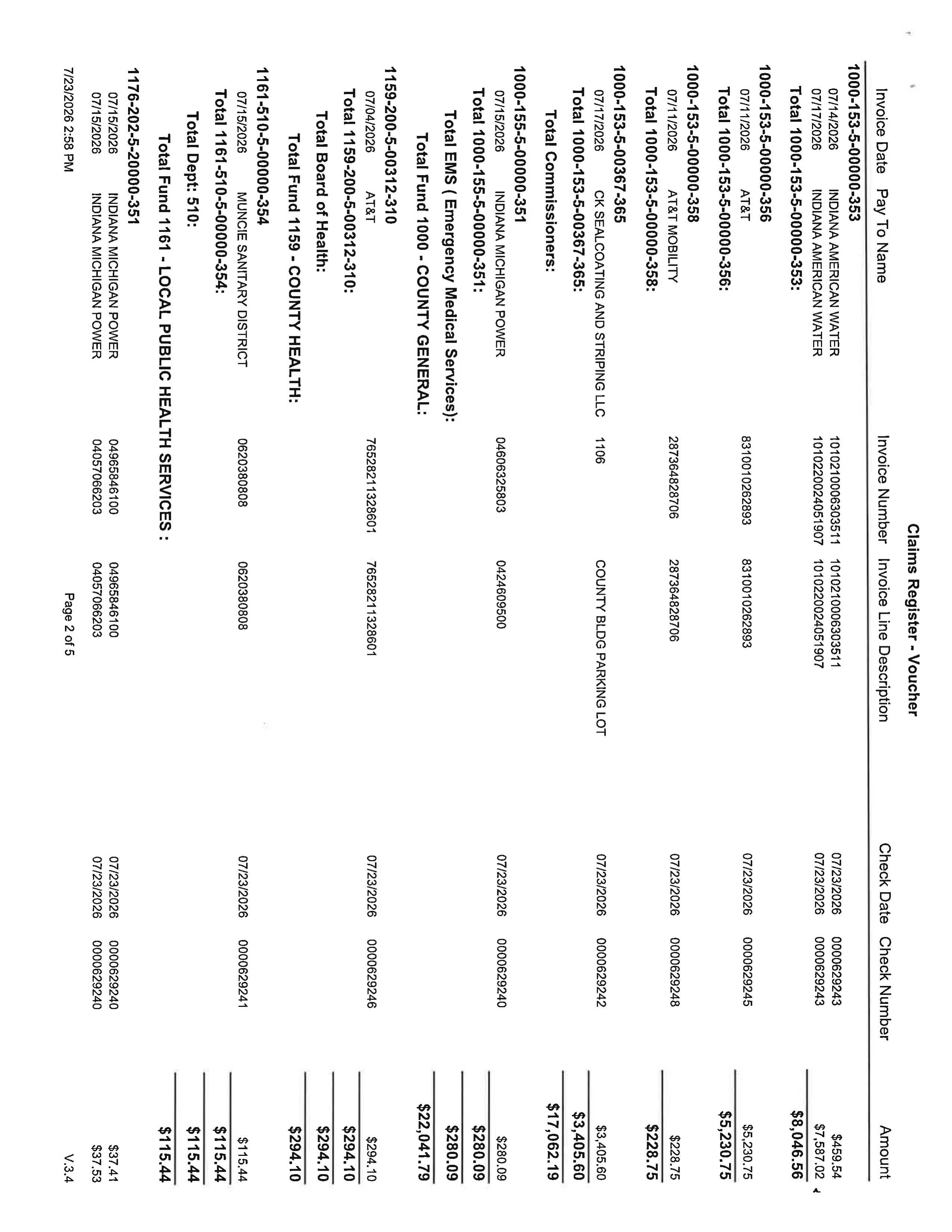 High-resolution scan of the Claims Register - Voucher document. The page is in landscape format within a portrait frame, displaying a detailed ledger table with columns for Invoice Date, Pay To Name, Invoice Number, Description, Check Date, Check Number, and Amount. It includes account breakdowns and totals for County General, County Health, and Local Public Health Services funds.