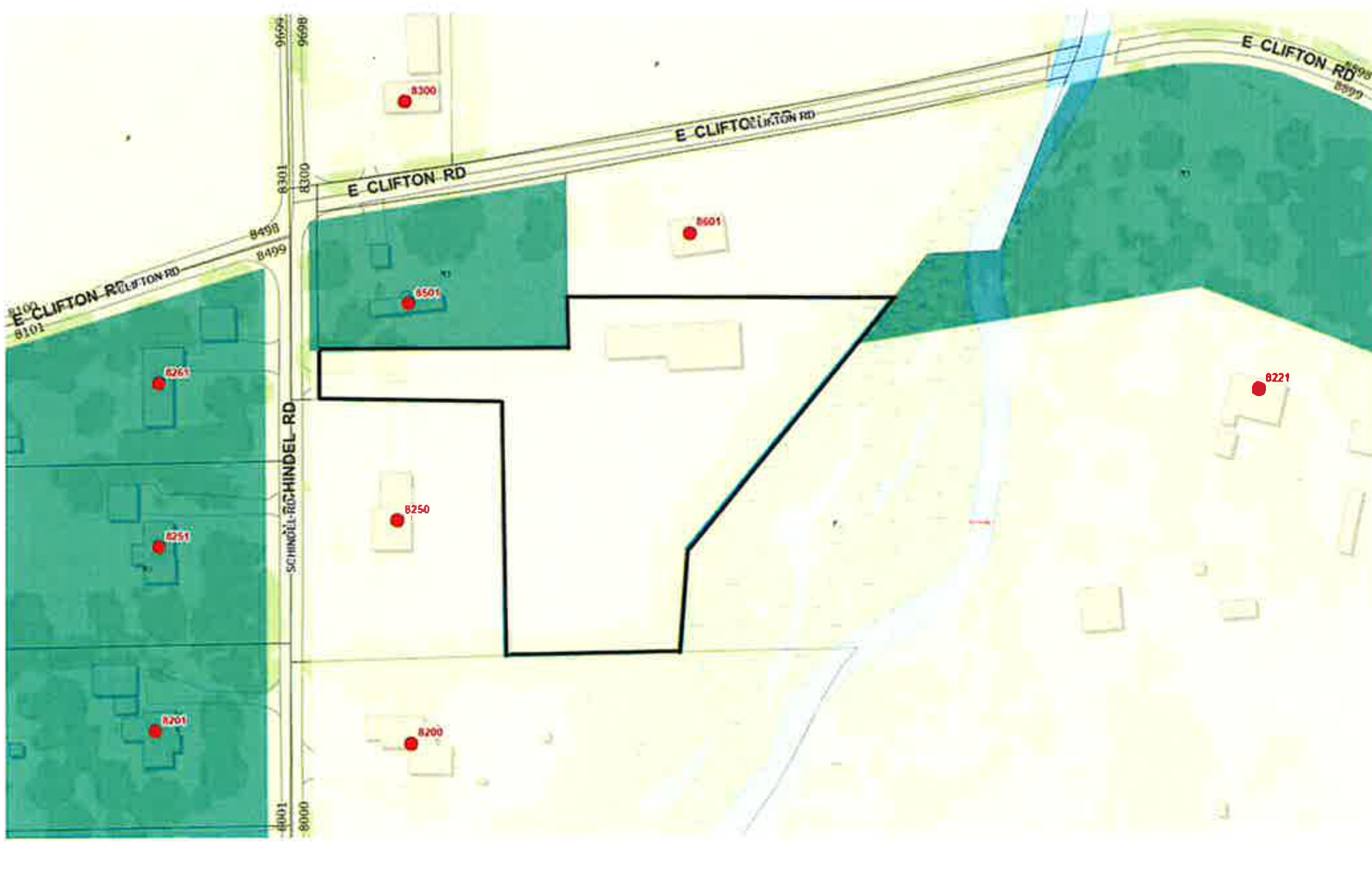 Zoning map showing 8601 Clifton Rd and surrounding parcels