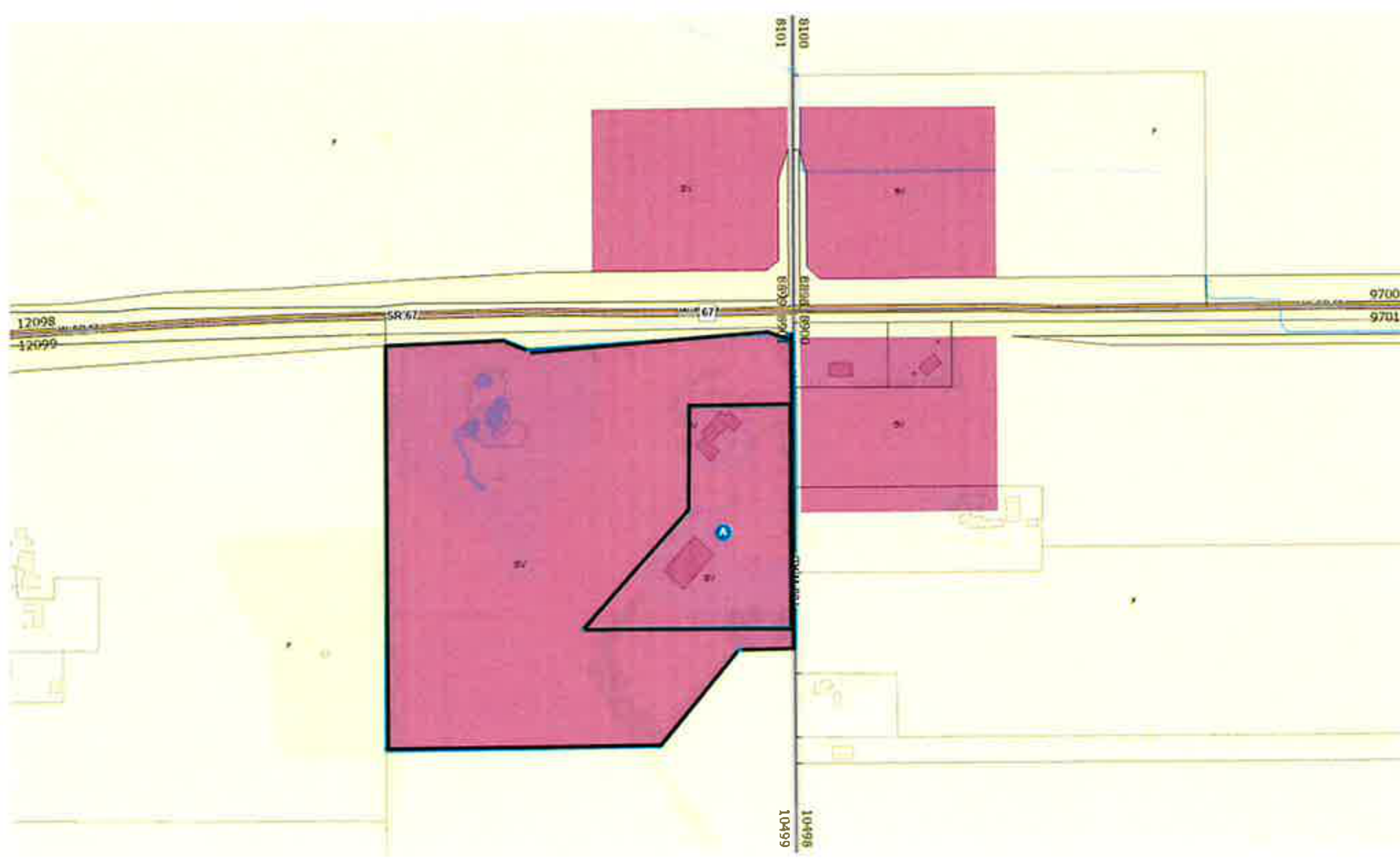 Zoning map showing affected parcels for MPC 17-25Z