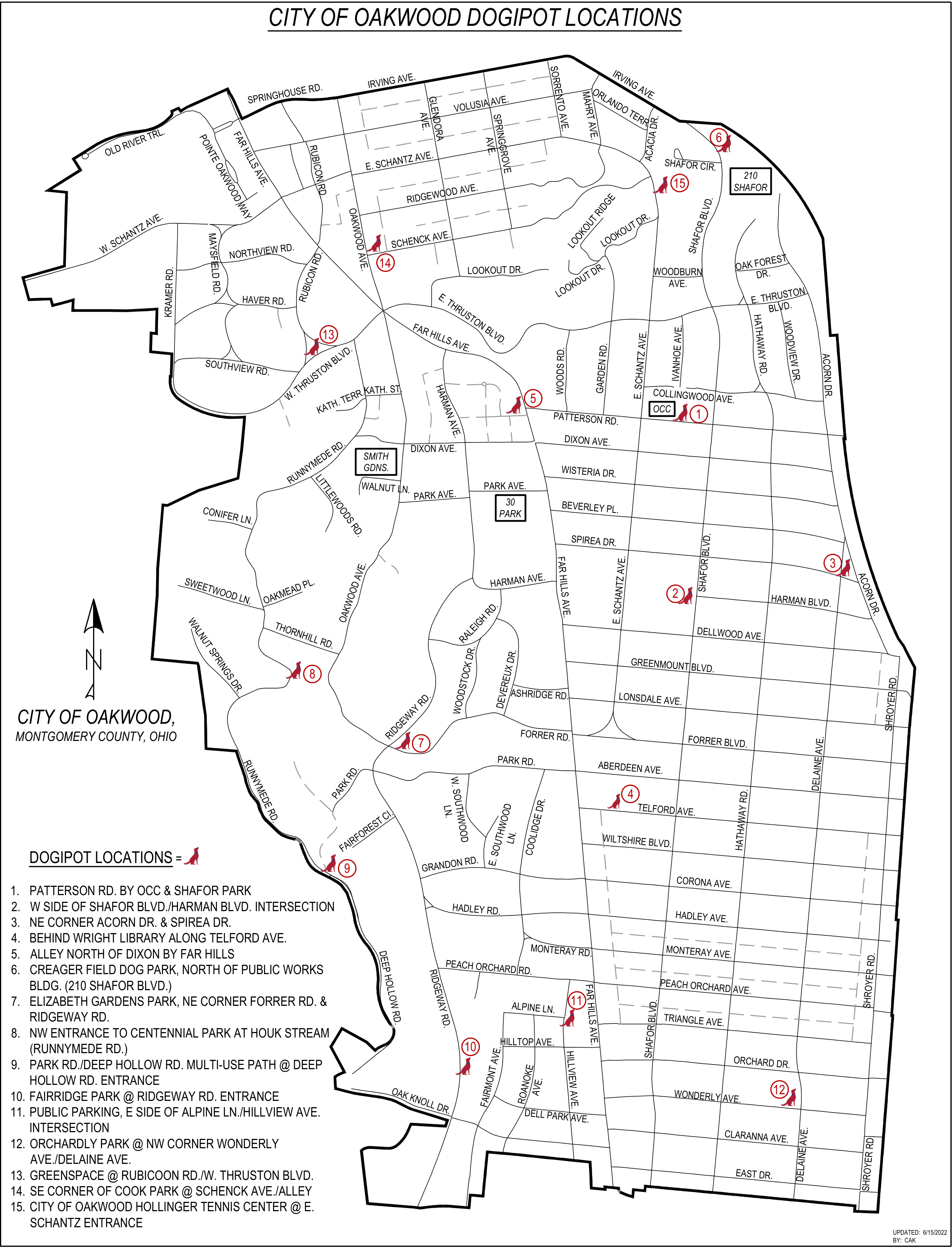Street map of City of Oakwood, Montgomery County, Ohio showing street layouts and 15 marked Dogipot pet waste station locations numbered 1 through 15 across the municipality.