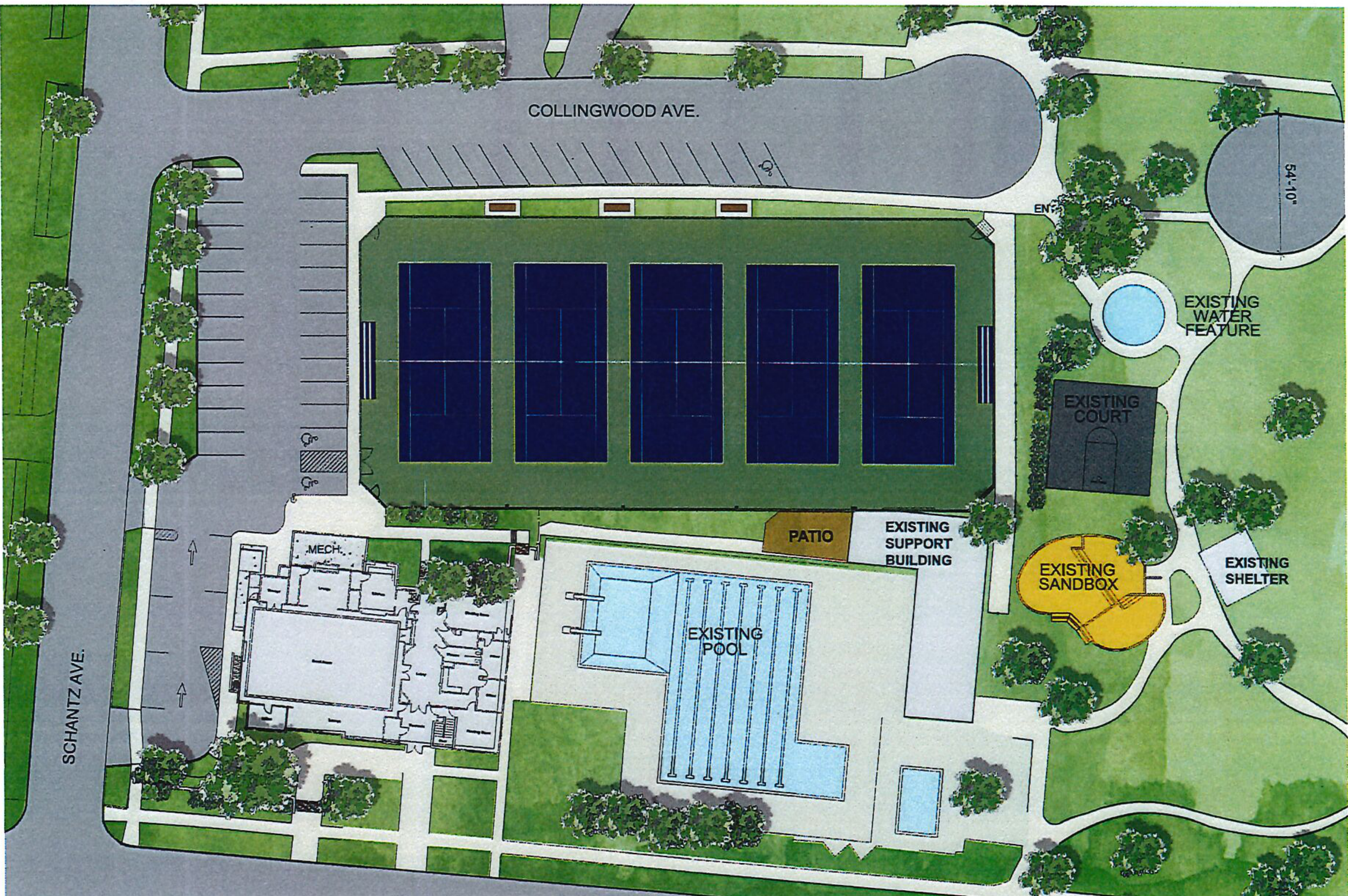 Site diagram for Shafor Park Tennis Courts depicting swimming pool, patio, tennis courts, existing shelter, sandbox, water feature, and surrounding avenues