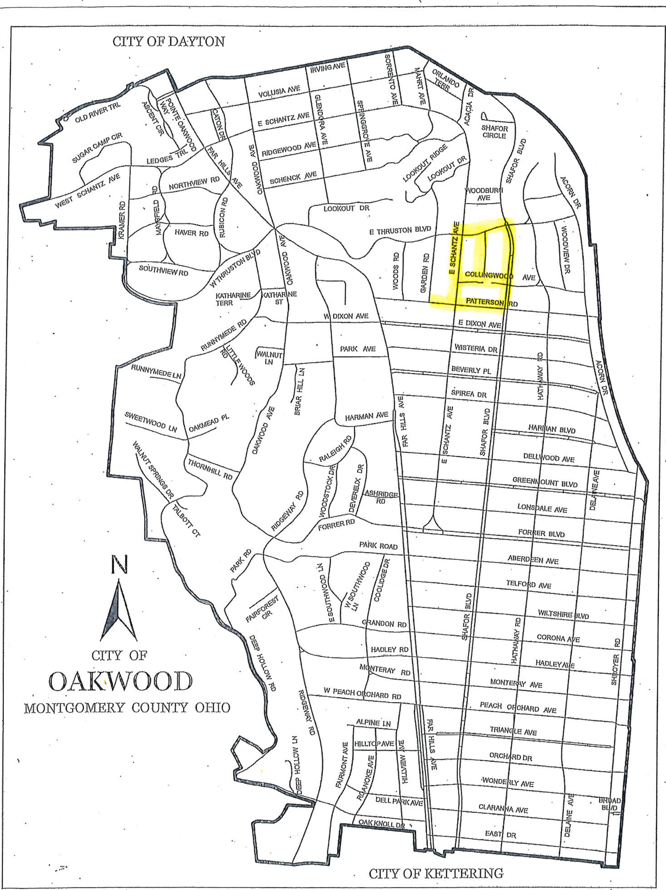 Street map of Oakwood, Ohio. City of Dayton is labeled along the north boundary and City of Kettering along the south boundary. A yellow highlighted area is labeled E Schantz Ave, Collingwood Ave, and Patterson Rd.