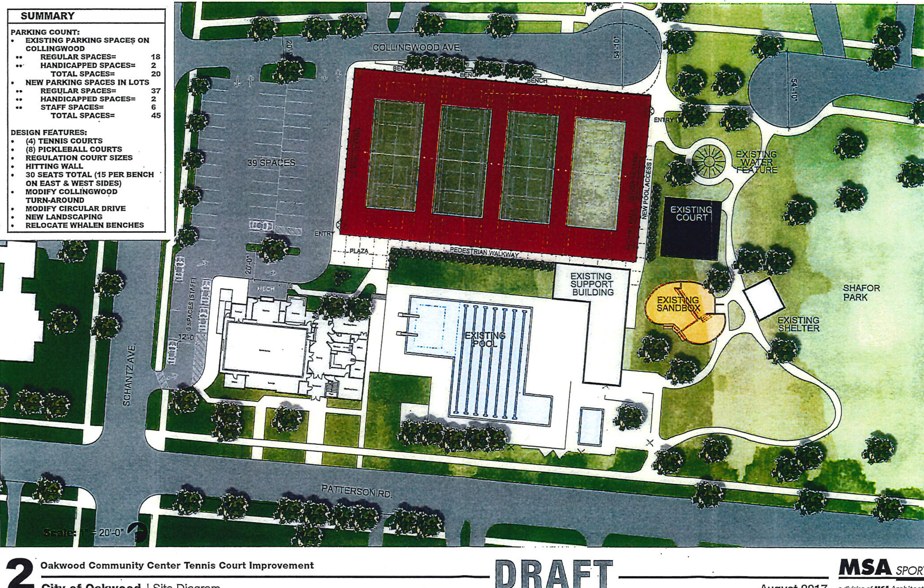 Oakwood Community Center Tennis Court Improvement Site Diagram showing 39 parking spaces, pickleball and tennis courts layout, existing pool, support building, and Shafor Park area.