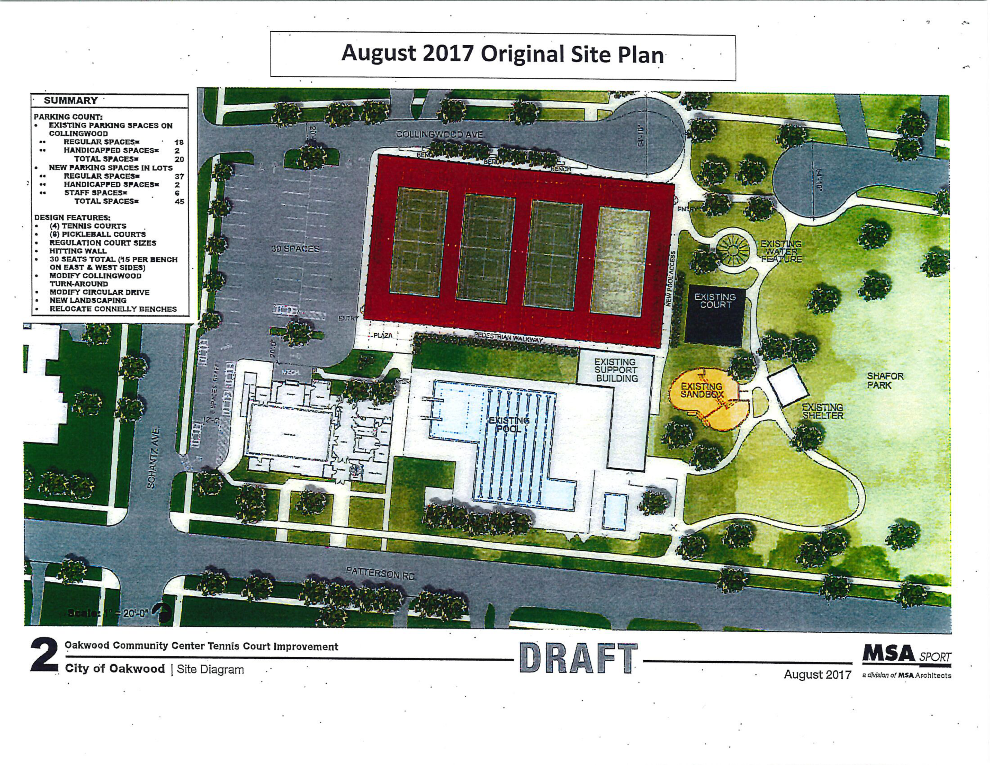 August 2017 Original Site Plan for the Oakwood Community Center Tennis Court Improvement, showing the tennis and pickleball courts, parking areas, buildings, roads, paths, landscaping, and the sheet title block.