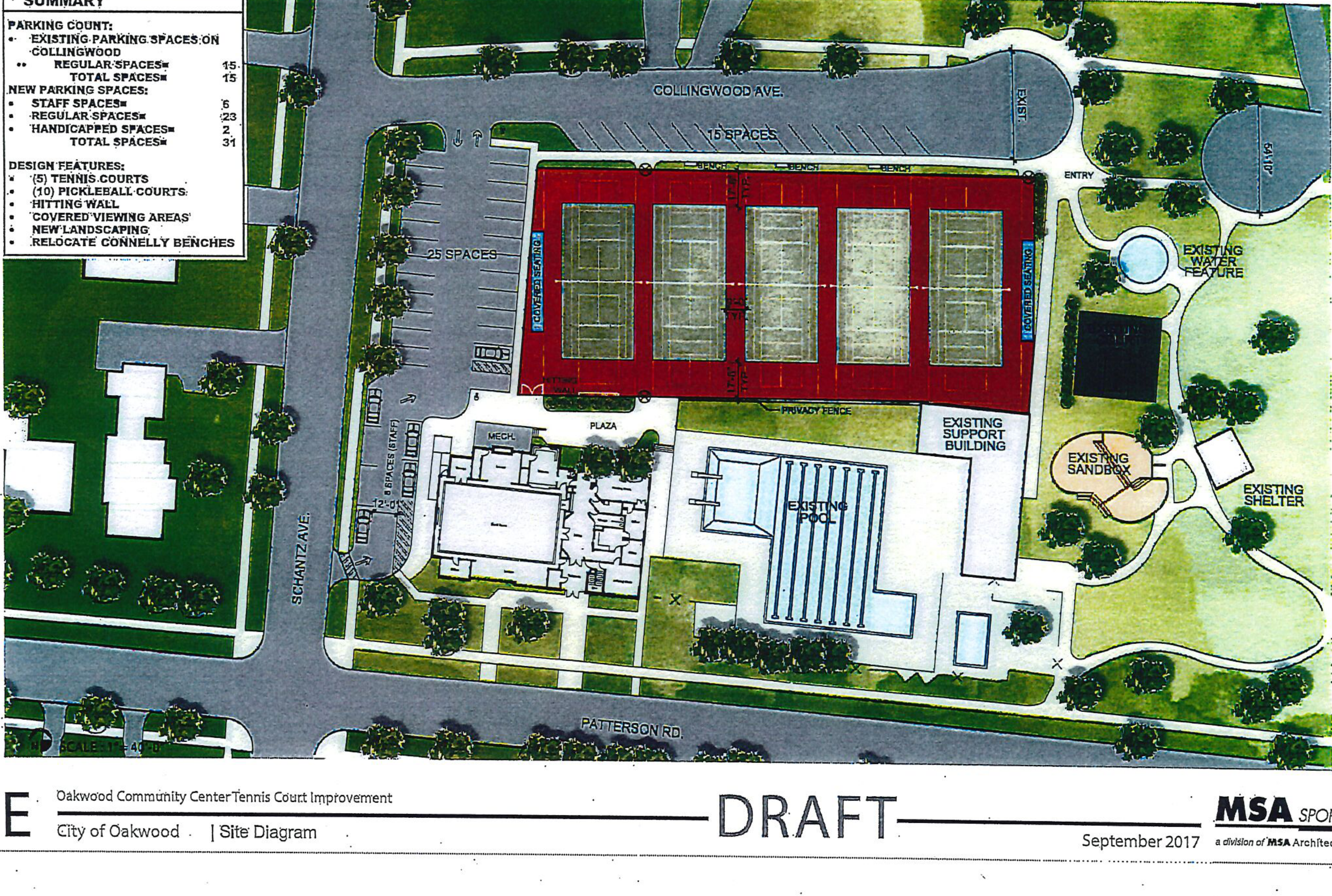 Amended Site Plan map showing the tennis and pickleball courts, parking areas, Collingwood Ave., Schantz Ave., Patterson Rd., and surrounding site features