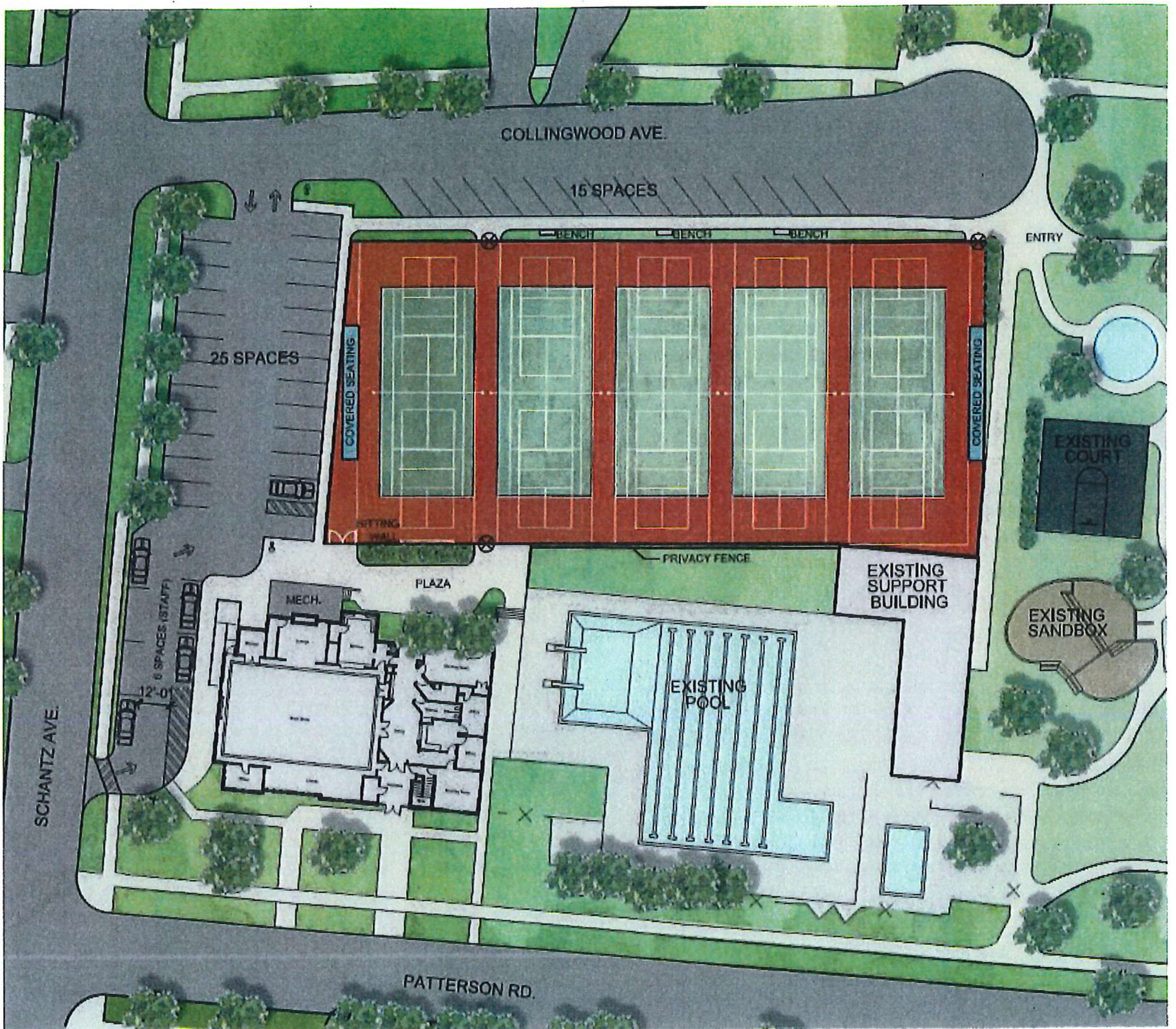 Site plan diagram of Shafor Park Tennis Court Reconstruction showing five tennis courts, parking areas (25 spaces and 15 spaces), existing pool, plaza, privacy fence, support building, existing court, existing sandbox, and surrounding streets including Collingwood Ave, Schantz Ave, and Patterson Rd.