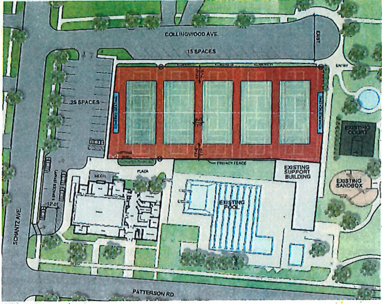 Site map layout for Shafor Park courts showing five proposed tennis courts, 25 parking spaces, and surrounding streets Collingwood Ave, Patterson Rd, and Schantz Ave.
