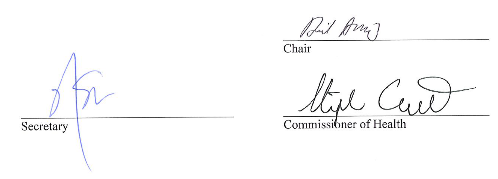 Signatures of Chair, Secretary, and Commissioner of Health