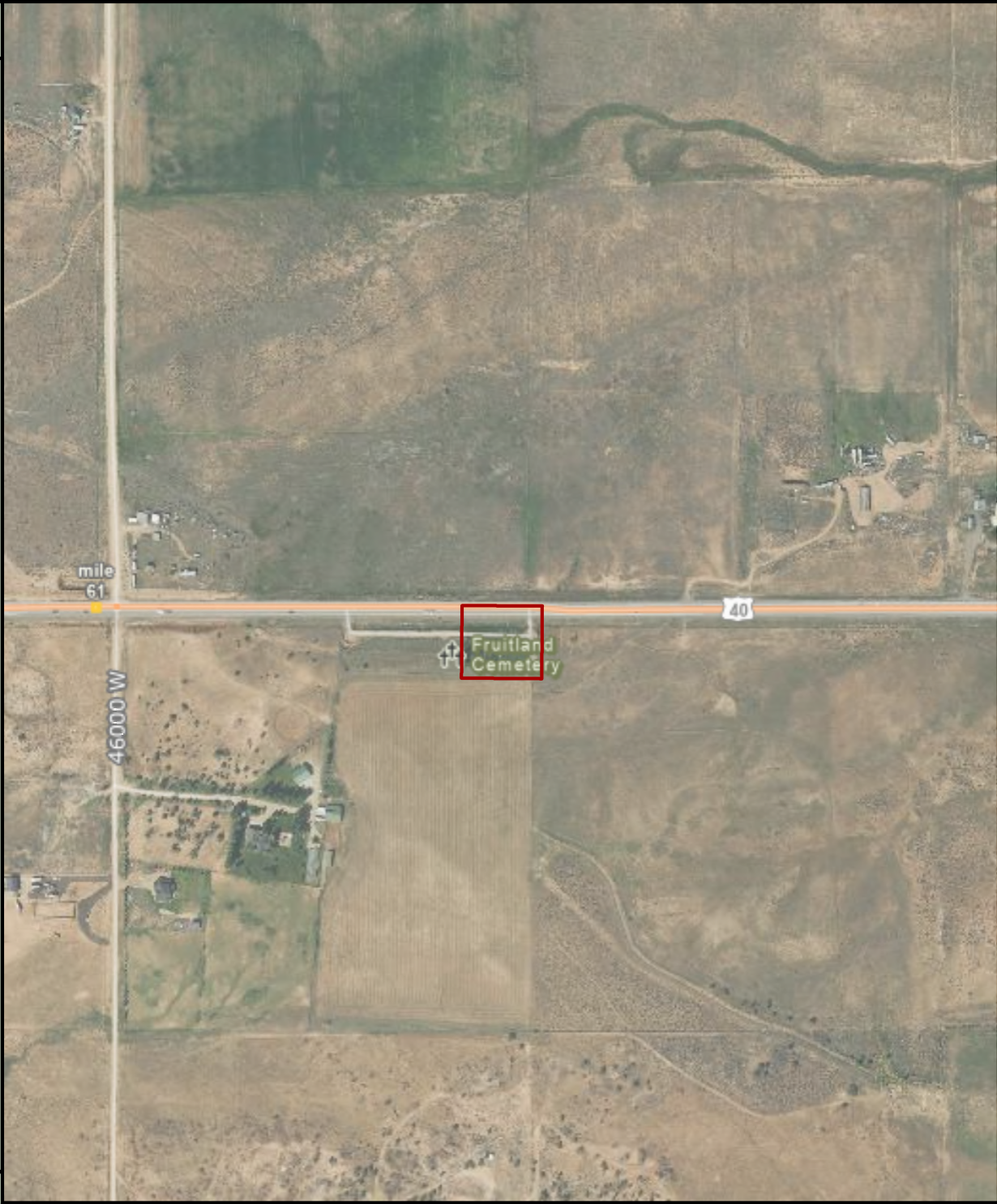 Regional aerial view of Fruitland Cemetery location on US Highway 40