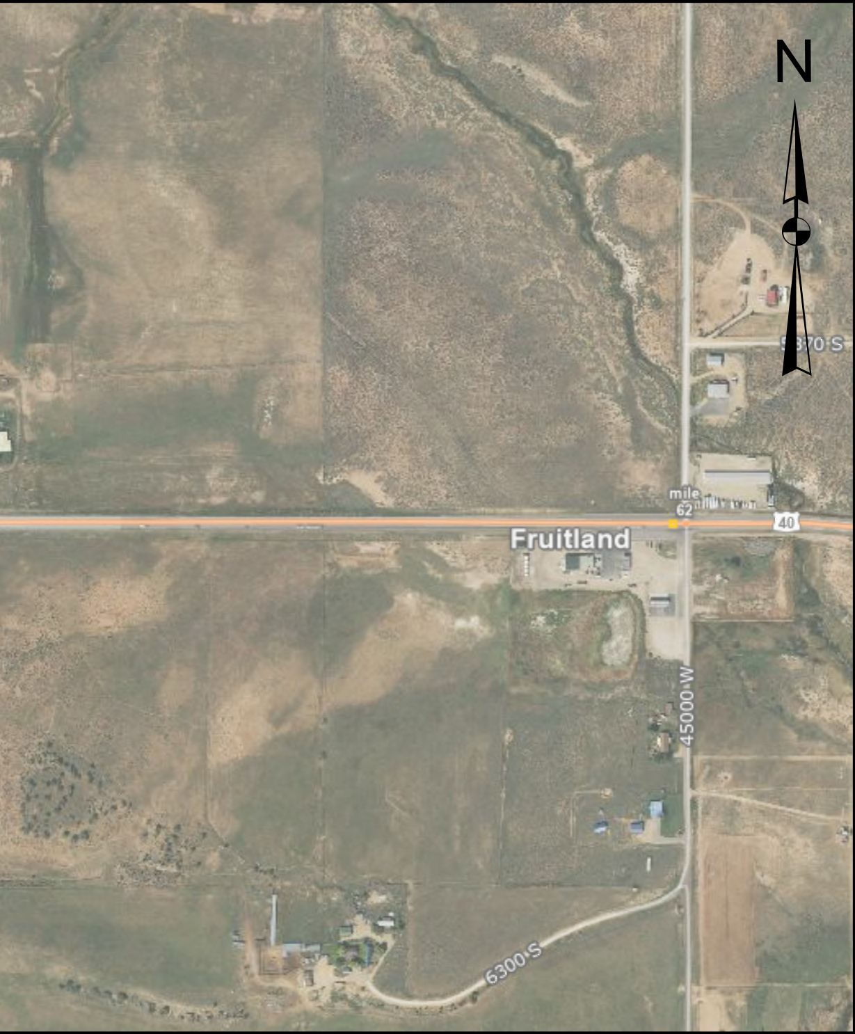 Aerial map of Fruitland vicinity with North arrow and Mile 62 marker