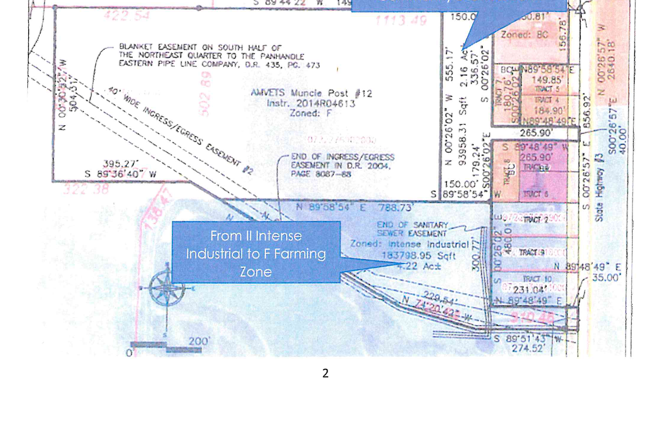 Proposed Rezoning site survey map detailing rezoning transitions from F Farming to BC Community Business Zone and from II Intense Industrial to F Farming Zone, along with lot dimensions and easements.