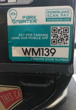 Park Smarter mobile parking app sticker on parking meter showing QR code and Zone Number WM139