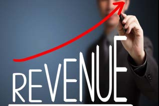 Person drawing an upward red trend line above the word REVENUE