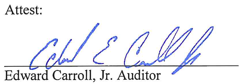 Attest: signed by Edward Carroll, Jr., Auditor over signature line