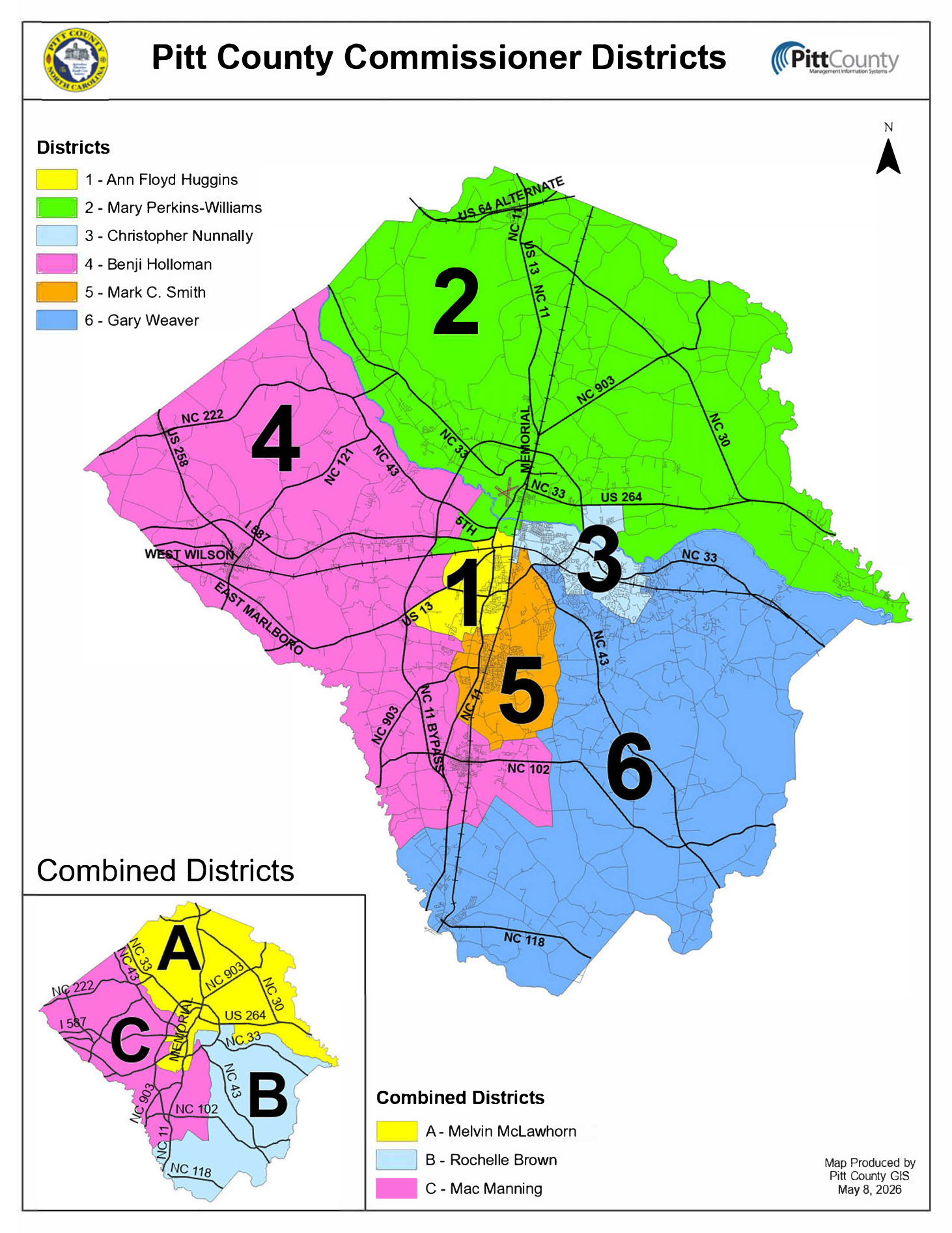 Pitt County Commissioner Districts map showing districts 1 through 6 and combined districts A through C with commissioners and key highways.