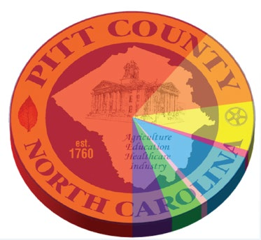 Pie chart superimposed on the Pitt County North Carolina seal showing revenue distribution breakdown