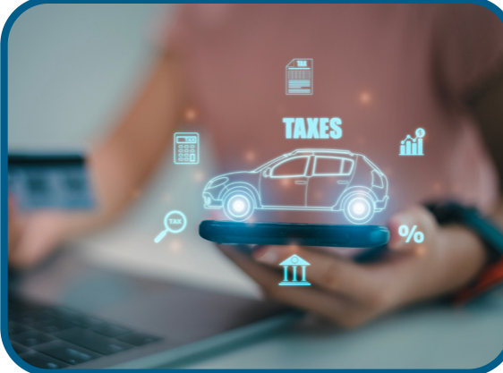 Digital interface displaying tax and vehicle icons over a laptop and smartphone